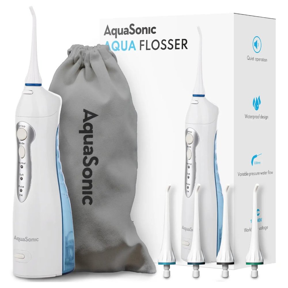 NEW AQUASONIC White Water Flosser with 4 Tips & Travel Pouch